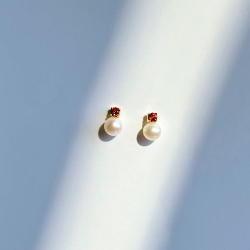 Red Zirconia Pearl Stud Earrings